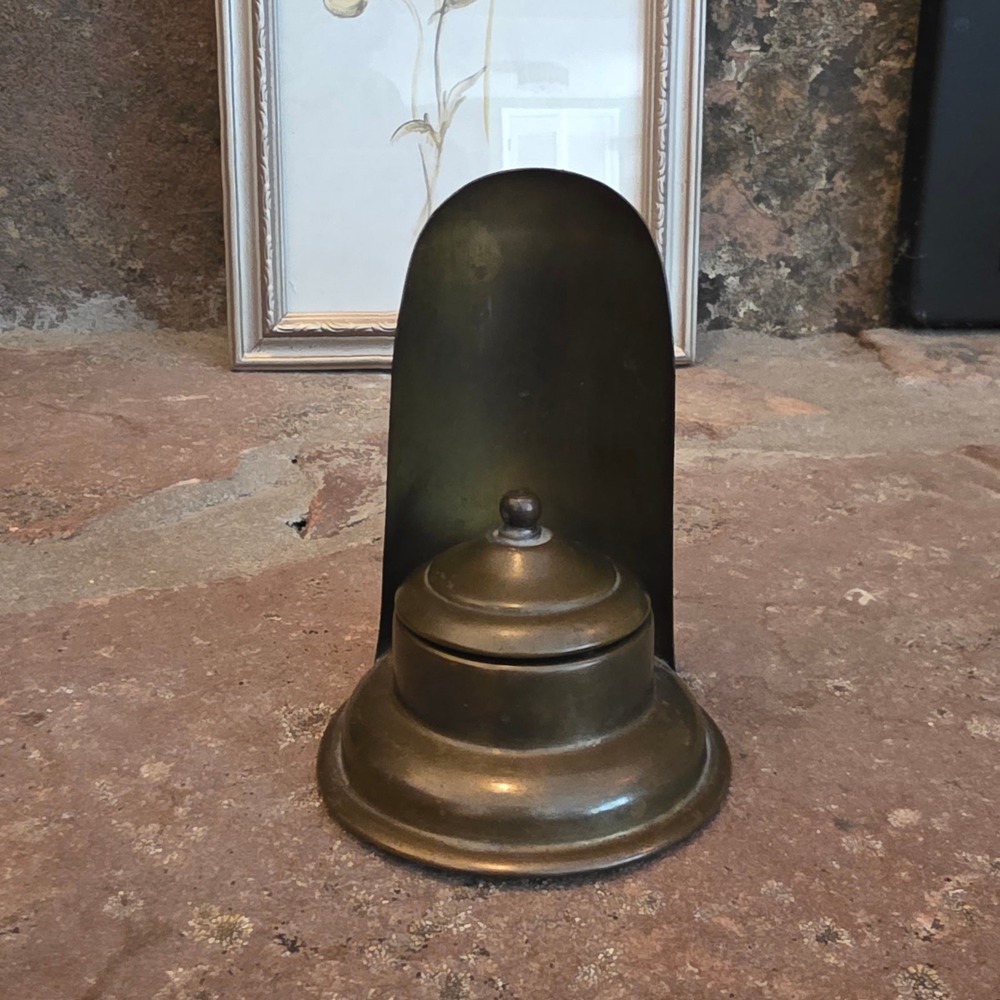 Antique Brass Capstan Inkwell hinged lid glass liner Dark Academia Scuttle VTG